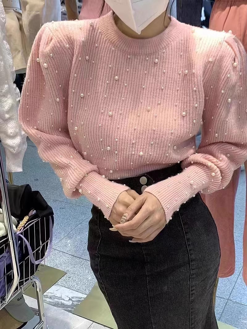 韓國東大門秋冬韓版圓領重工訂珠泡泡袖毛衣女甜美氣質針織衫上衣
