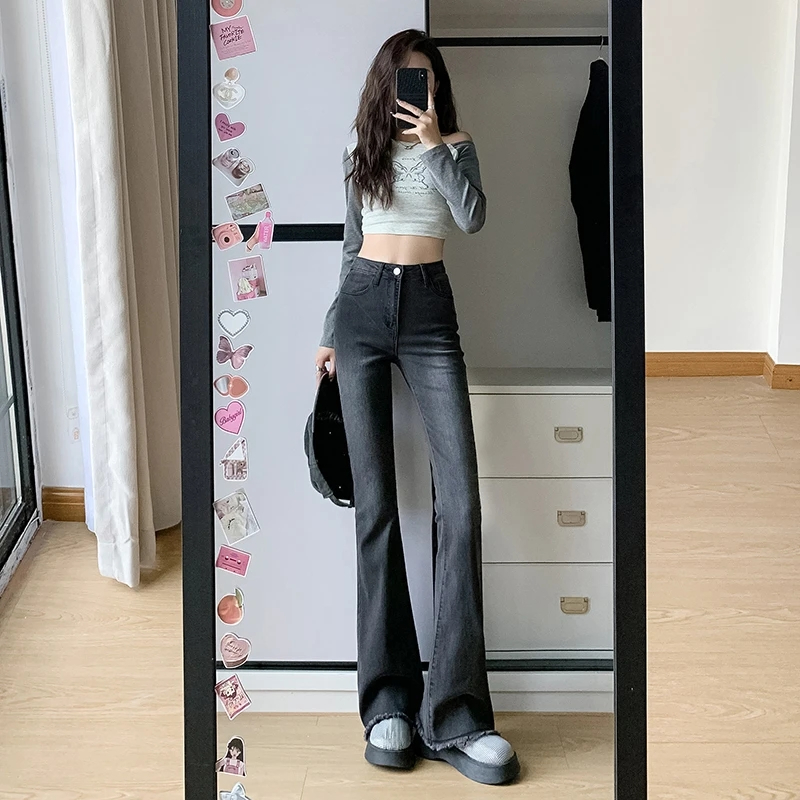 美式復古微喇叭牛仔褲女秋高腰顯瘦彈力修身毛邊拖地褲