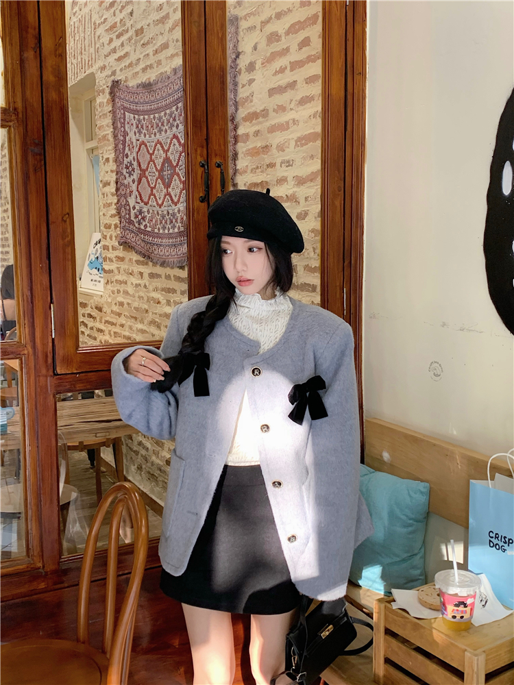 實拍~秋季新款法式小香風蝴蝶結軟糯毛呢外套女