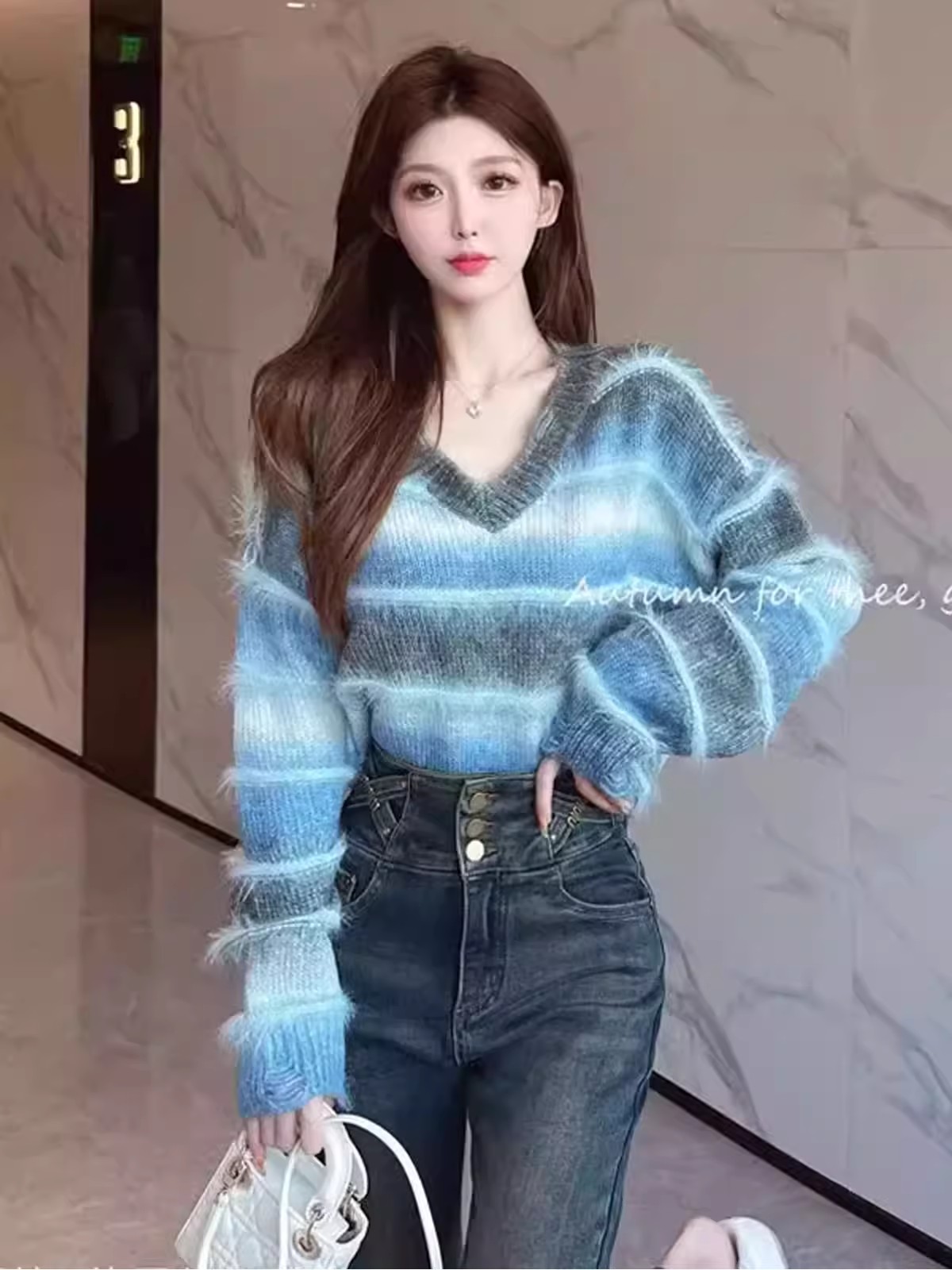 水貂毛漸變色毛衣女秋冬季慵懶風軟糯寬鬆v領羊毛針織衫長袖上衣