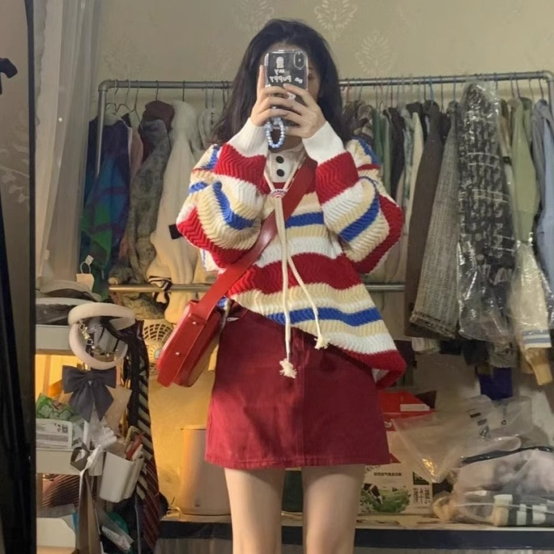 日系復古彩虹條紋polo領oversize高級感毛衣女春秋季慵懶風針織衫