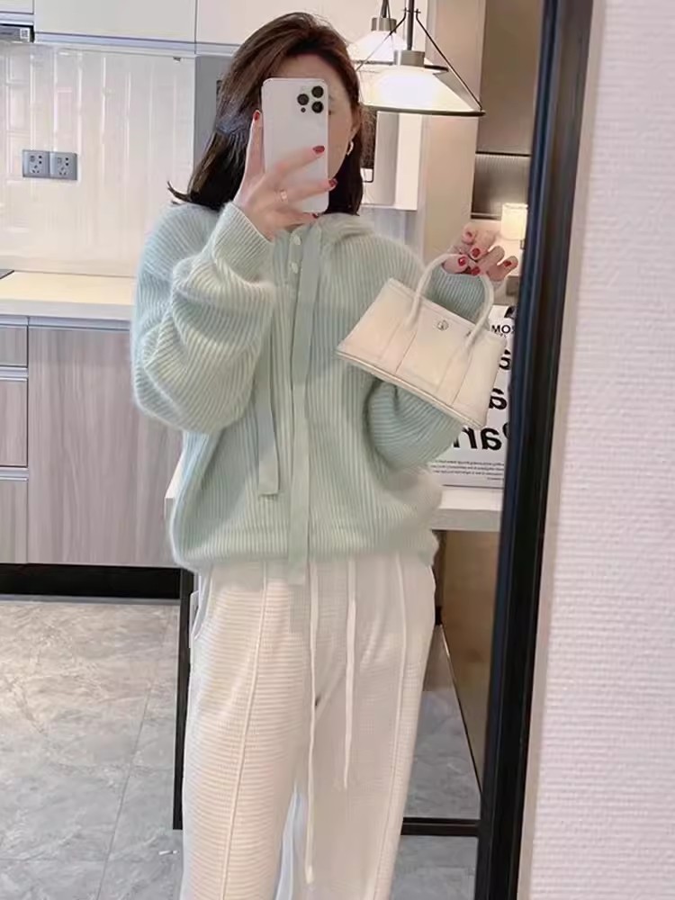 溫柔系穿搭上衣慵懶風高級感超好看連帽軟糯衛衣毛衣女秋季針織衫