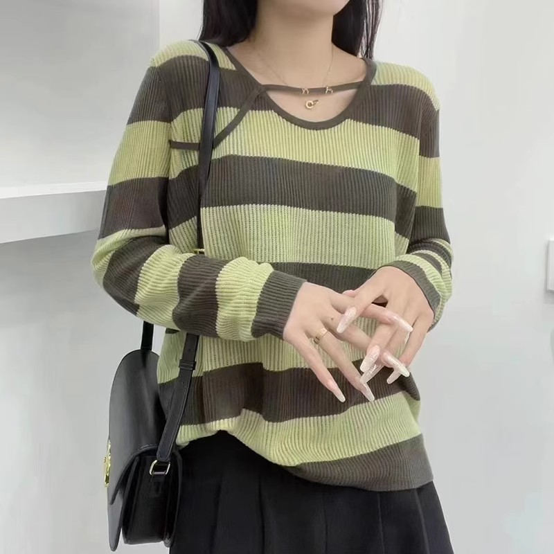 薄款羊毛鏤空拼色針織衫女秋季新款寬鬆顯瘦條紋毛衣洋氣百搭上衣