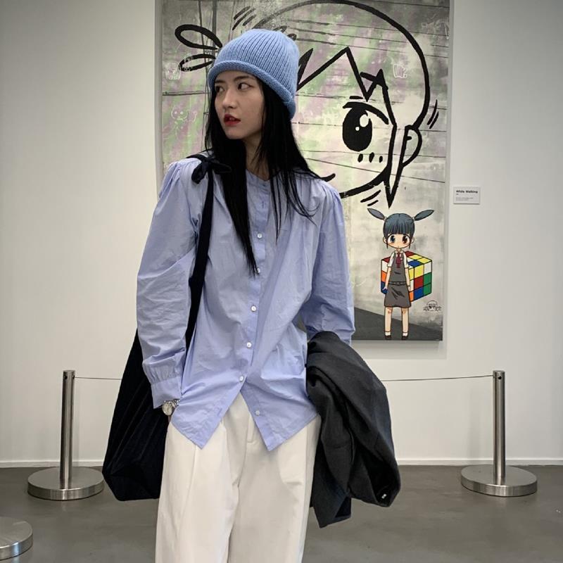 韓版圓領白色襯衫女長袖2023秋款襯衣復古設計感小眾泡泡ins