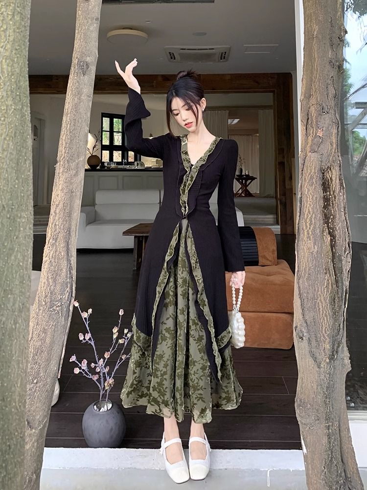 新中式優雅氣質長款收腰長袖開衫絲絨半身裙女秋季2023新款兩件套