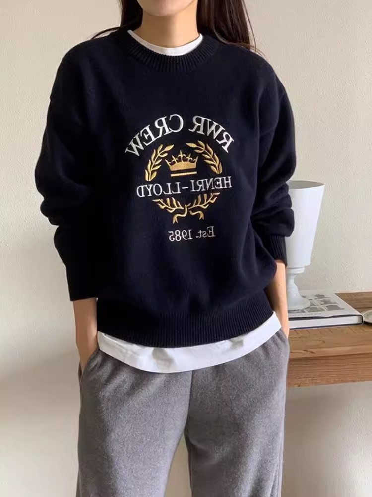 韓系秋冬復古減齡百搭圓領重工字母刺繡長袖毛衣女顯瘦針織衫上衣