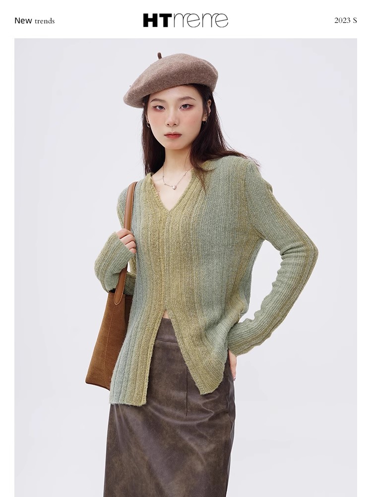 花田櫥窗HTmeme秋日荼蘼~開叉長袖針織衫女秋季顯瘦打底衫v領上衣
