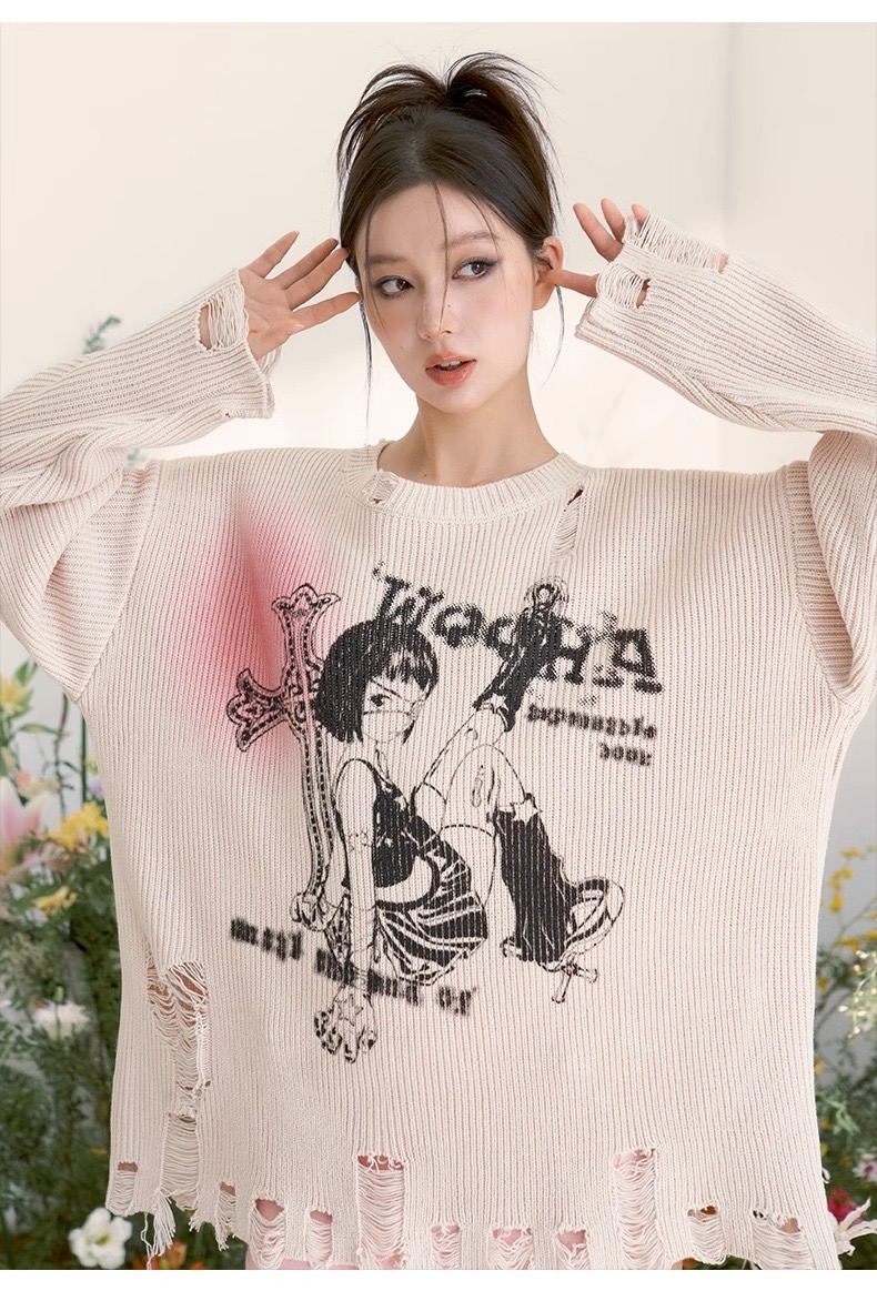 WooHa/吾哈2023春季針織衫復古印花甜酷寬鬆破洞外穿薄款毛衣女