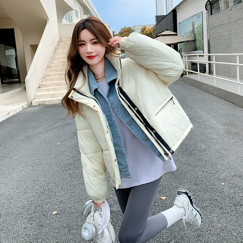 牛仔拼接假兩件2023冬季新款羽絨棉服女短款韓版寬鬆加厚休閒外套