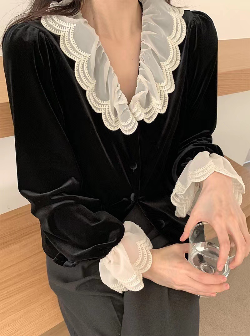 Velvet Lace Collar Puff Sleeve Shirt Women's Autumn Korea Dongdaemun Contrast Color Stitching Doll Collar Bottoming Top