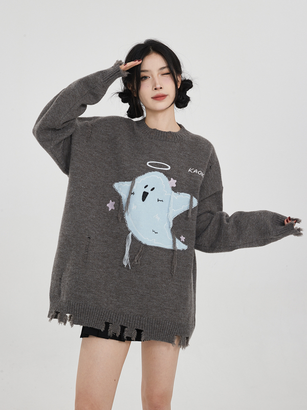 吵吵家 毛衣女春秋冬寬鬆慵懶風小幽靈不規則小眾高級感外套上衣