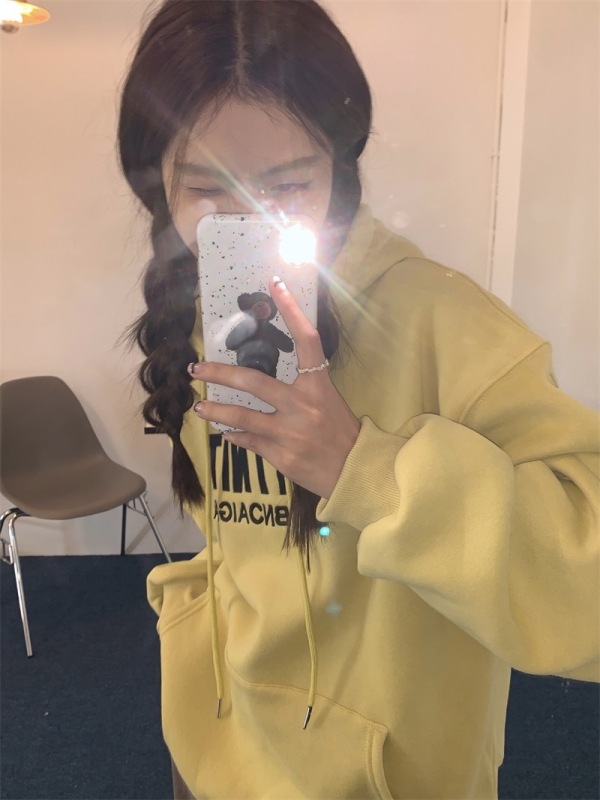 杏色連帽衛衣加絨女秋冬新款2023小個子寬鬆休閒美式復古長袖上衣