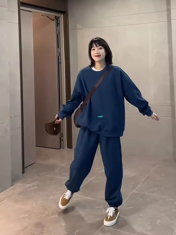 學院風休閒運動服套裝女秋冬港風寬鬆顯瘦圓領衛衣束腳衛褲兩件套