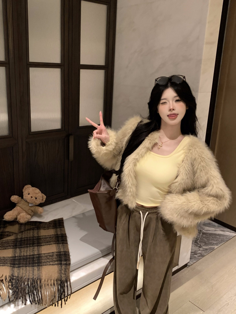 實拍 慵懶風皮毛一體高級感毛絨絨女外套秋冬百搭休閒闊腿褲