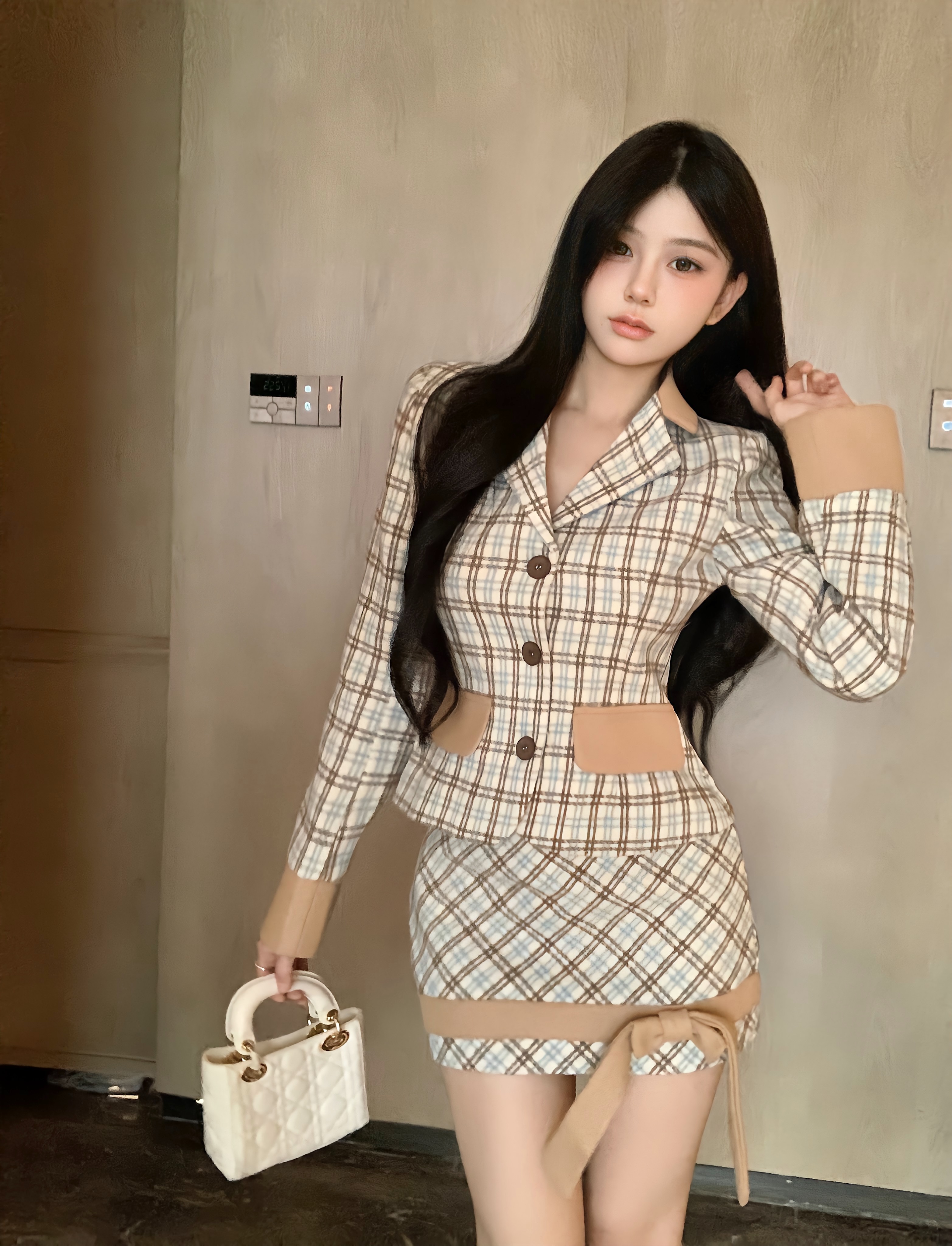 實拍~休閒風時尚百搭格子西裝外套半身裙秋冬套裝兩件套女