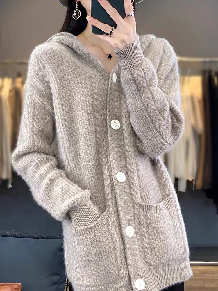 2023秋冬鄂爾多斯產連帽100%純羊絨衫女寬鬆麻花中長開衫毛衣外套