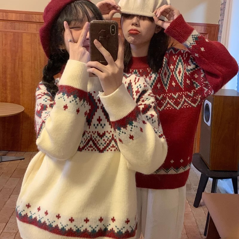 聖誕毛衣女加厚秋冬閨蜜裝2023日系復古慵懶風外搭寬鬆打底針織衫