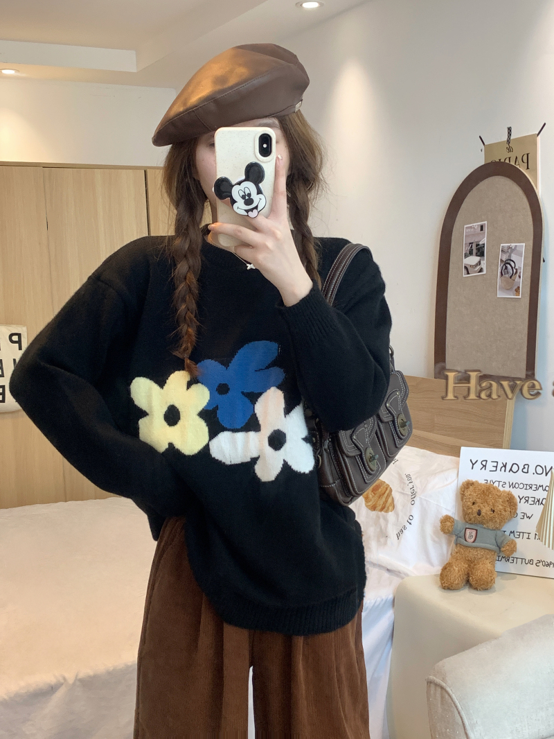 實拍 復古文藝花朵提花針織衫上衣設計感小眾奶fufu柔軟毛衣