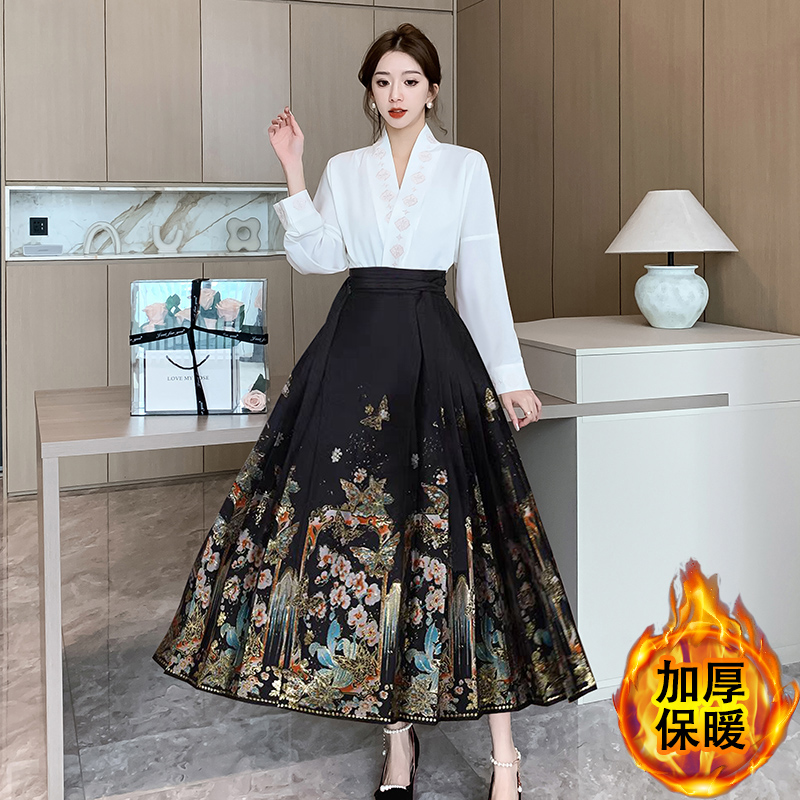 實拍 2023冬季三件套裝裙黑色加厚馬面裙女新款繡花呢子磨毛襯衣