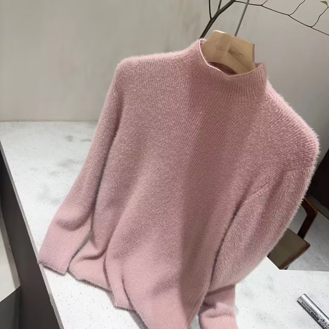 實拍--加絨水貂絨半高領毛衣女秋冬加厚保暖上衣一體絨打底衫內搭