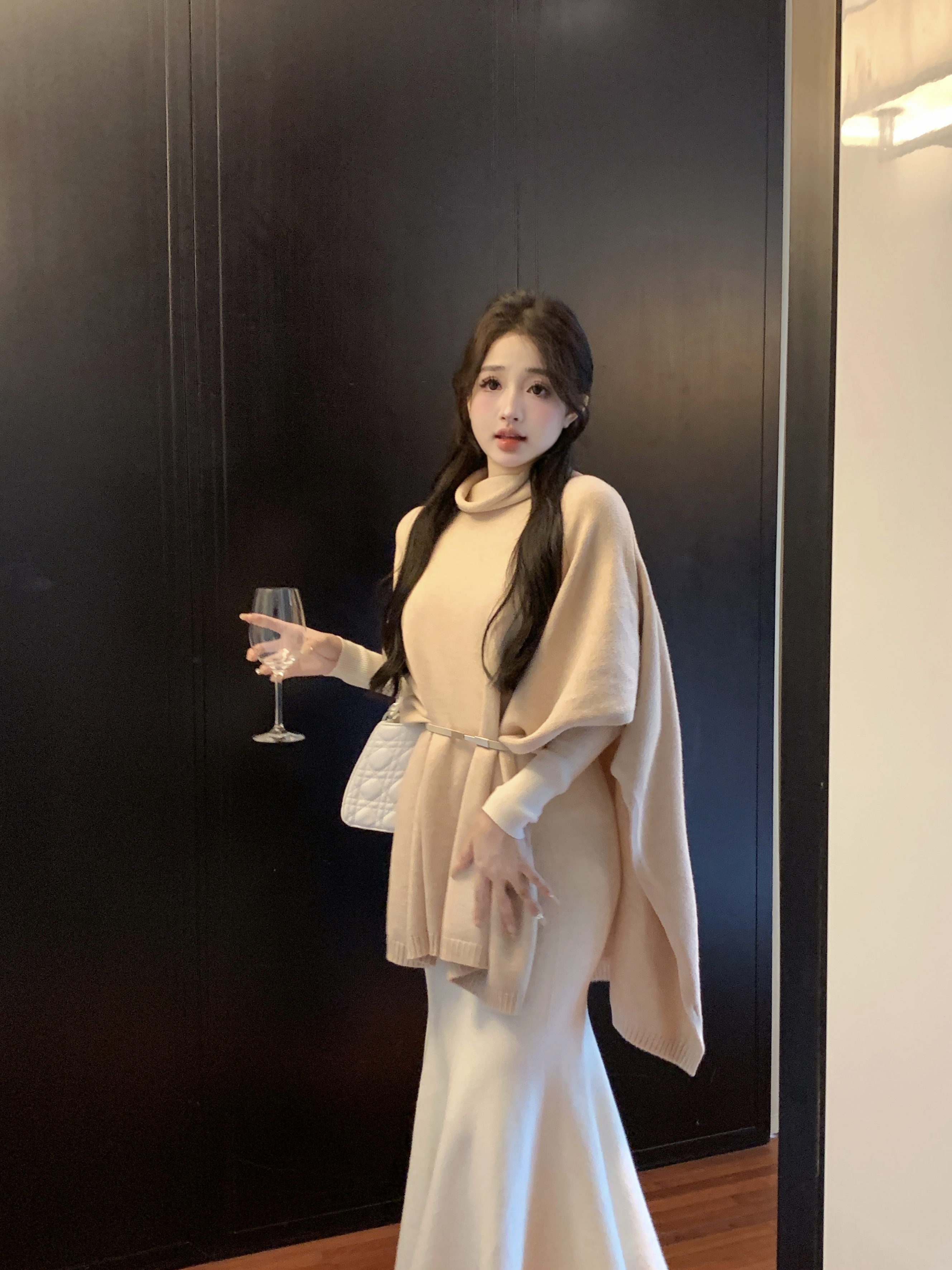 實拍~高級感氣質披肩斗篷女秋季高領長袖針織衫寬鬆毛衣外套