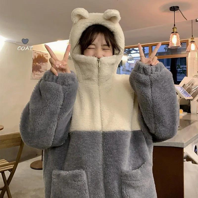 羊羔毛絨外套女2023新款冬季學生保暖加厚連帽上衣外套潮ins