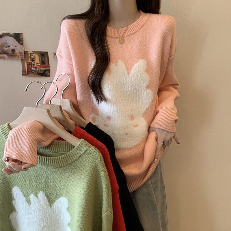 實拍大碼女裝2023秋冬百搭毛衣上衣寬鬆慵懶風圓領紅色套頭針織衫