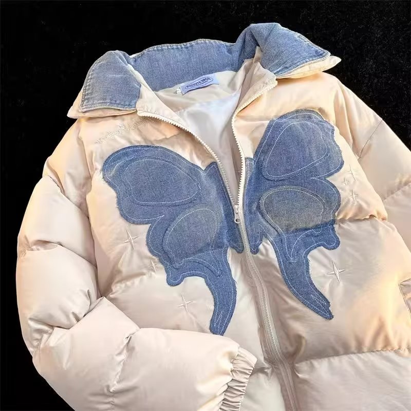 2023 New Stand Collar Bread Jacket Thickened Cute Warm Butterfly Patch Patch Jacket Cotton Jacket Women Winter