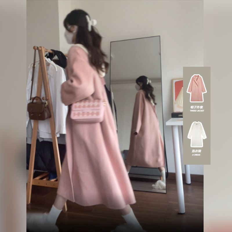 毛呢外套女2023年冬裝新款中長款粉色氣質甜美過膝厚實呢子大衣
