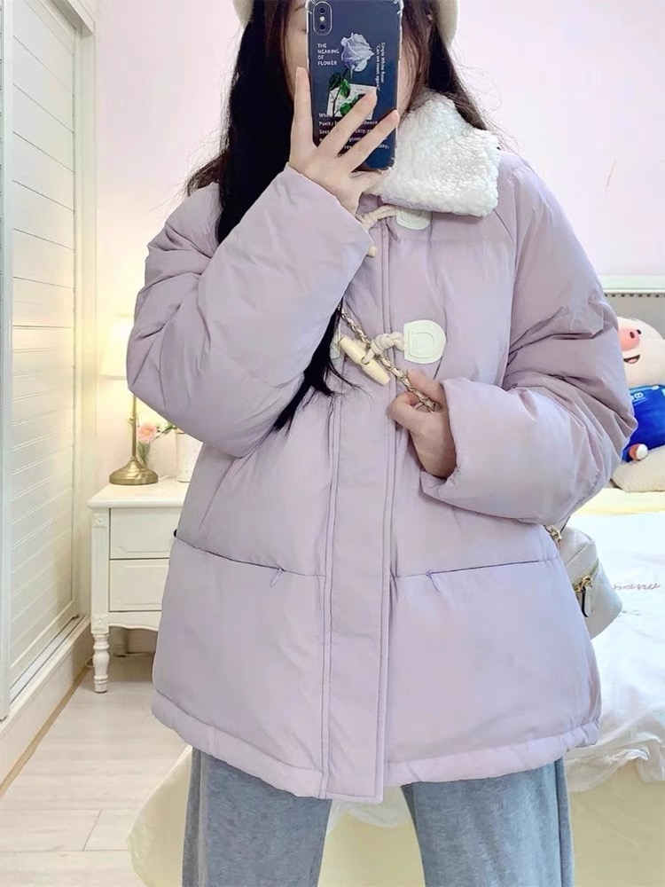 韓版設計牛角扣棉襖棉服女羊羔毛領加厚保暖寬鬆百搭棉衣外套