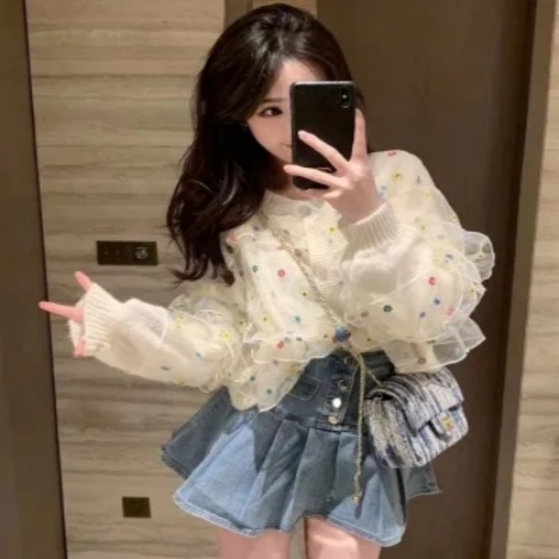 彩色花朵網紗拼接針織開衫女春季新款上衣設計感顯瘦毛衣外套