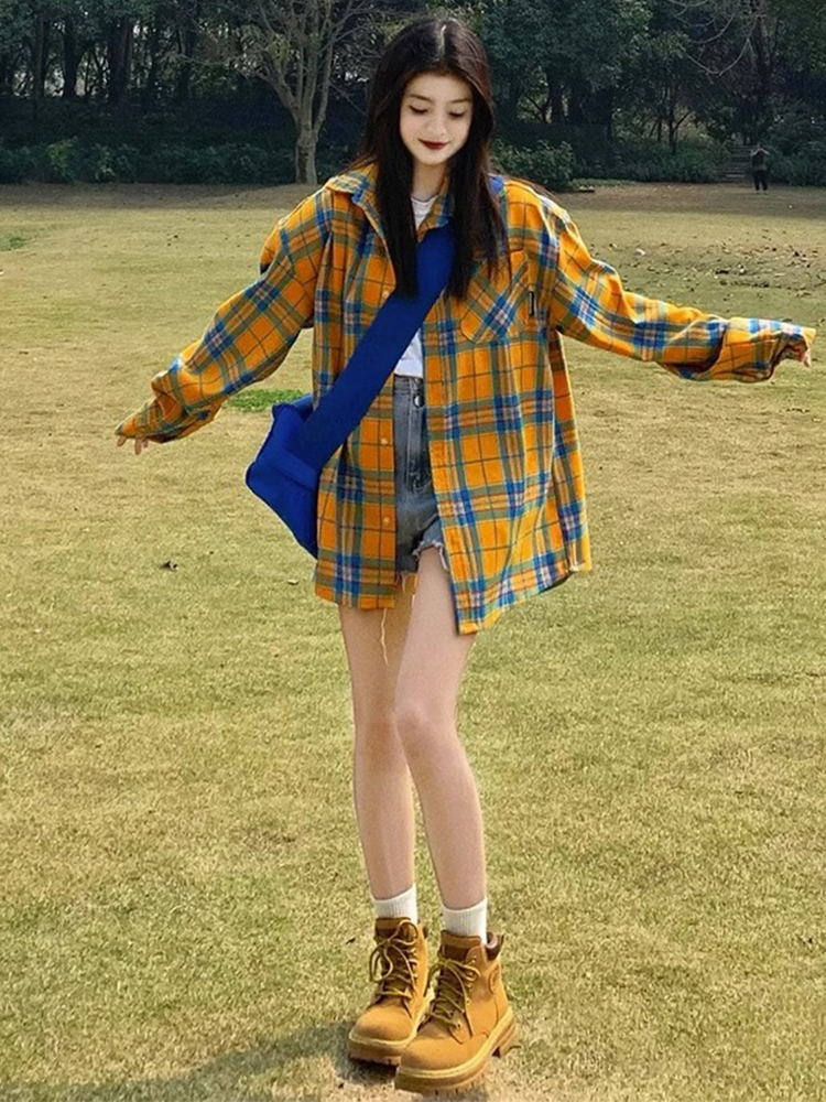 法式黃色格子襯衫襯衣外套女春秋季2023年新款寬鬆小個子長袖上衣