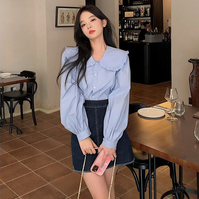 法式氣質藍色襯衫女長袖寬鬆顯瘦娃娃領上衣休閒百搭燈籠袖襯衣秋