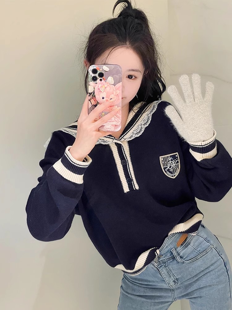 海軍領高級感毛衣女寬鬆時尚洋氣秋冬裝上衣外套學院風長袖針織衫