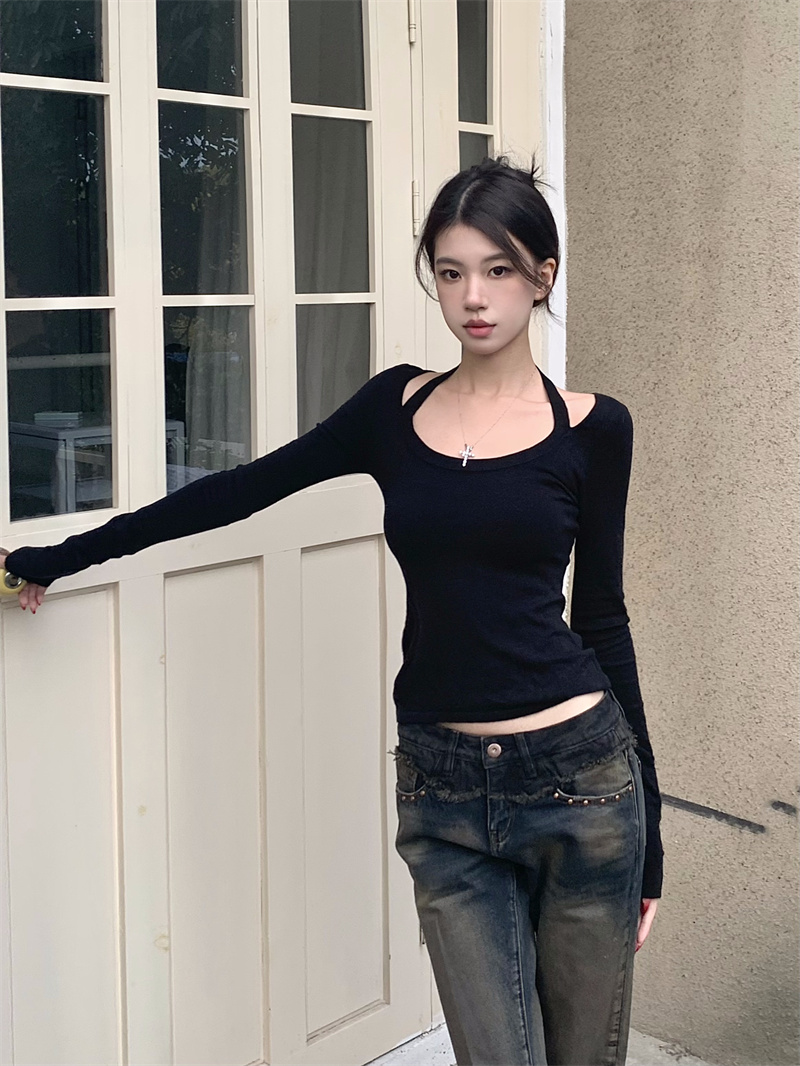 實拍  復古氣質性感辣妹設計感掛脖針織上衣