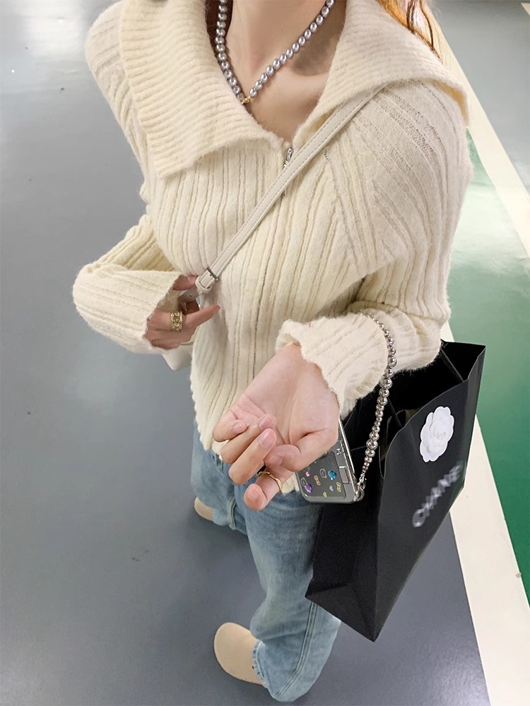不規則套頭毛衣女秋冬修身粉色翻領針織衫長袖打底上衣