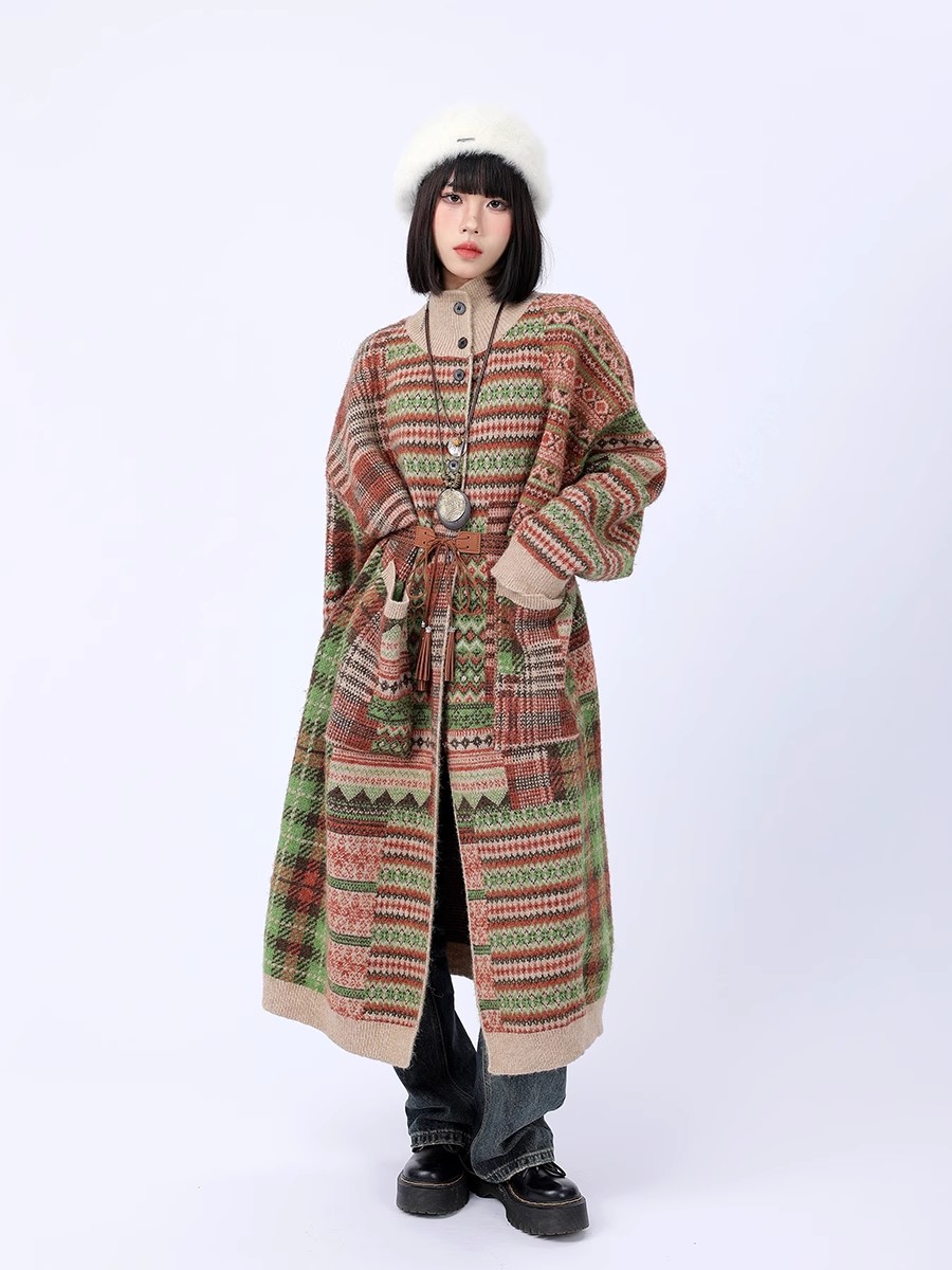 LINKA 美式復古文藝針織外套女春季小眾撞色拼接設計長款開衫毛衣