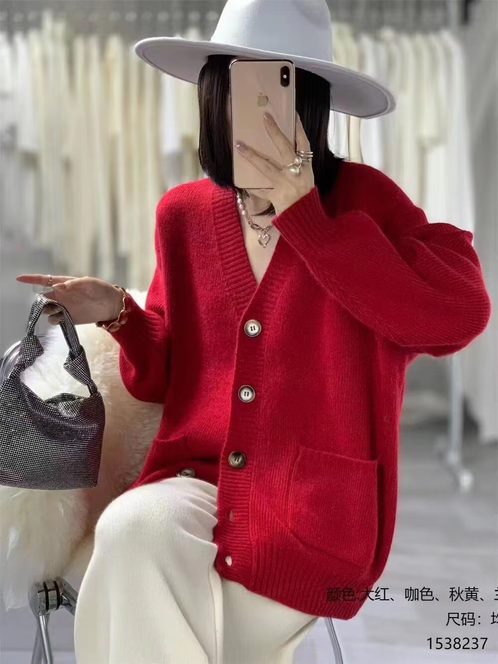 歐洲站高品質休閒時尚寬鬆百搭V領休閒大口袋多扣羊毛中長外套女