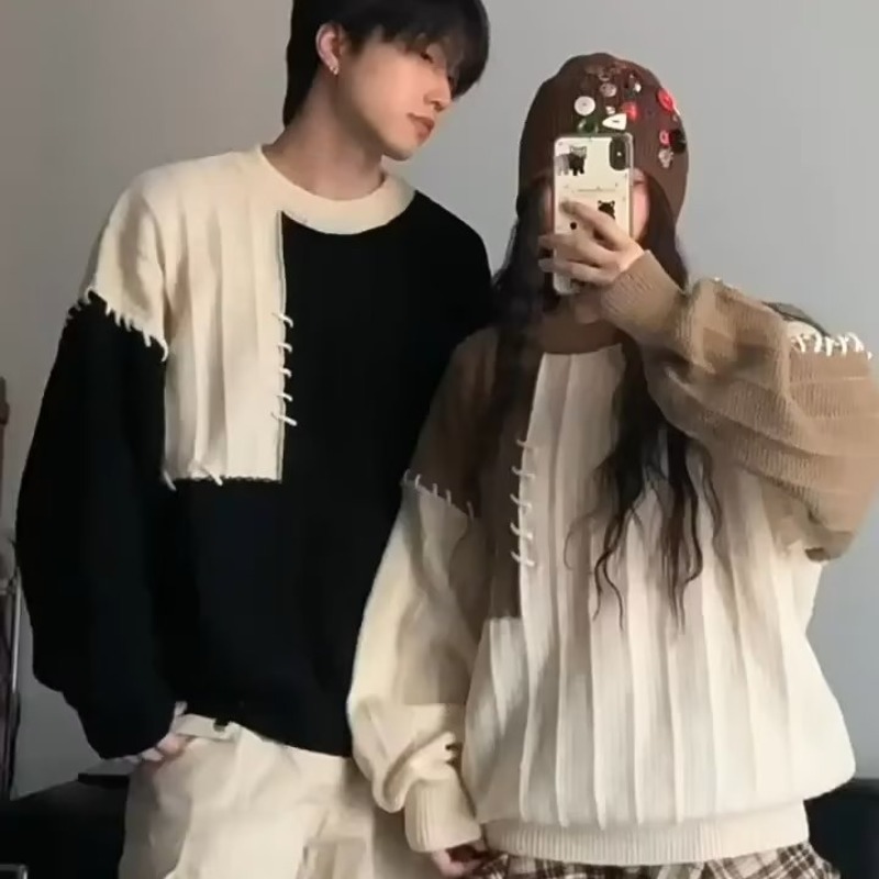 高級感情侶裝秋冬韓版寬鬆毛衣復古撞色慵懶風百搭針織衫外套潮