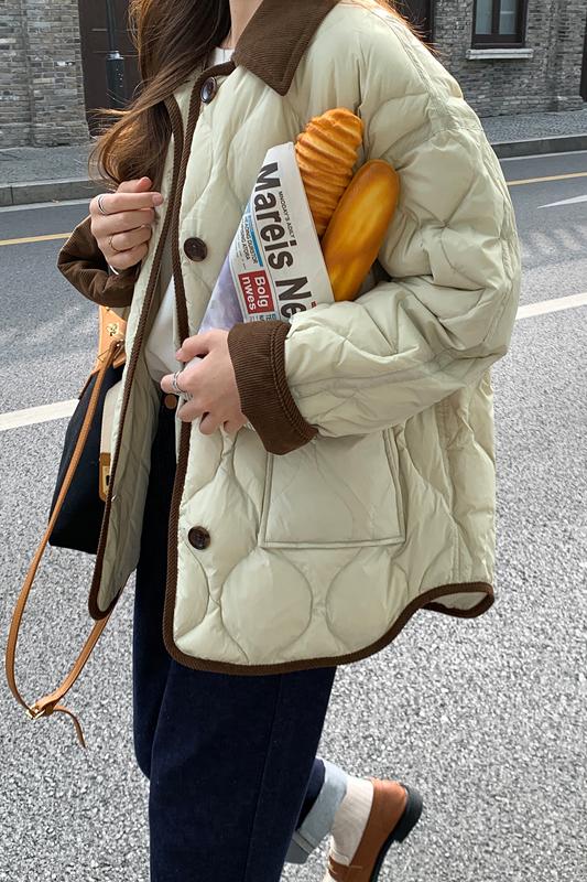 官圖夾棉含內里羽絨服女撞色翻領菱格麵包服外套女