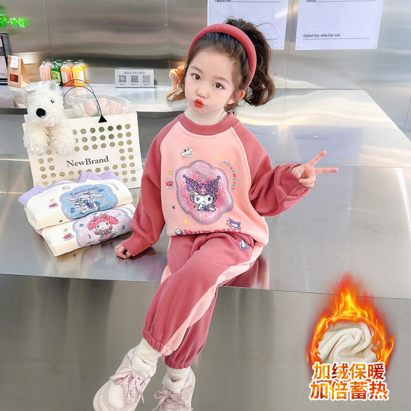 女童秋冬加絨衛衣套裝2023新款洋氣兒童女寶寶長袖衣服童裝兩件套