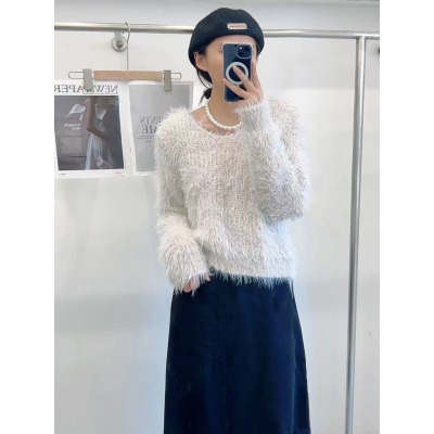 韓系chic仿水貂絨套頭毛衣女秋冬外搭軟糯亮絲針織上衣寬鬆慵懶風