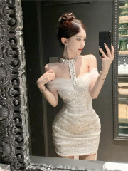 Live-action! Pendant crystal mesh butterfly bow one-shoulder sequin dress, body-hugging cocktail dress