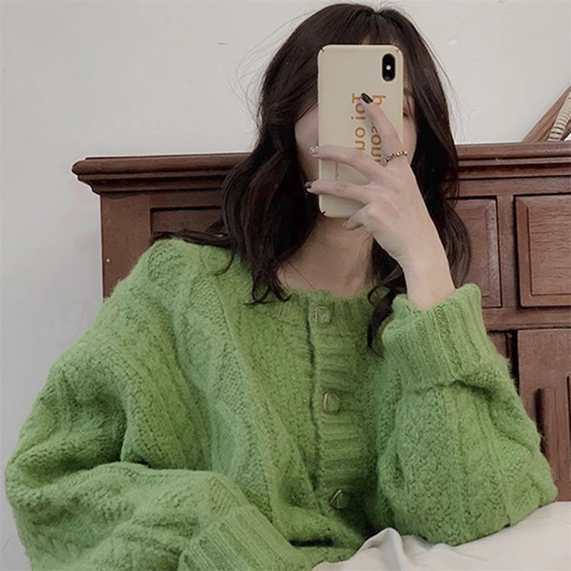 慵懶風奶fufu的麻花毛衣開衫女秋冬小個子外穿加厚寬鬆針織衫外套