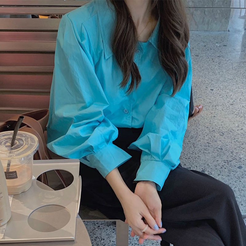 韓國chic襯衫女設計感小眾秋季2023新款女寬鬆顯瘦bf風湖藍色襯衣