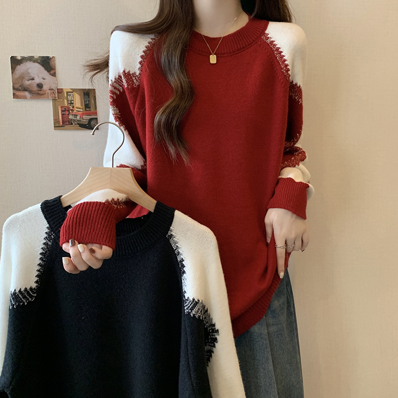 實拍大碼女裝2023秋冬新款拼接撞色設計感寬鬆百搭毛衣休閒針織衫