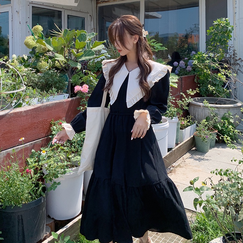 實拍~2023大碼女裝甜美系木耳邊設計尖尖領連衣裙胖mm氣質長袖裙
