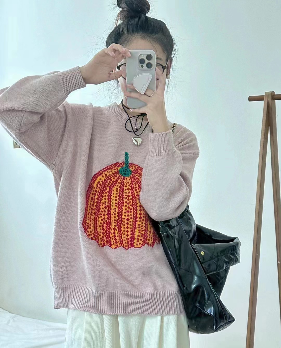 秋冬洋氣卡通南瓜提花慵懶風毛衣女新款歐貨粗針坑條圓領針織上衣