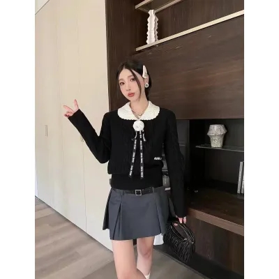 菱格娃娃領蝴蝶結2023年秋季新款設計感千金名媛收腰毛針織衫女