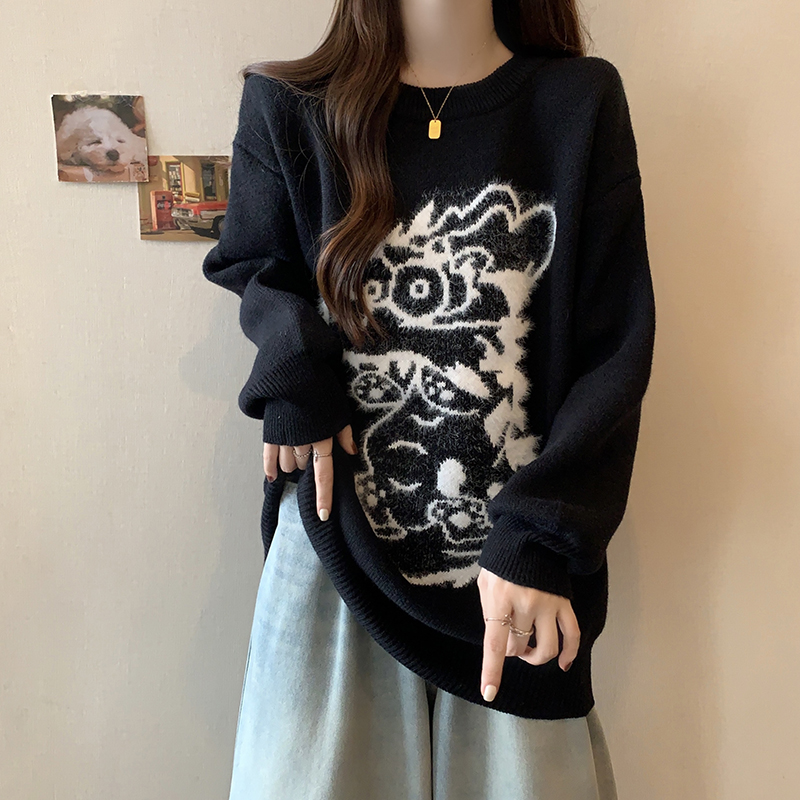 實拍大碼女裝2023秋冬新款寬鬆針織打底衫卡通紅色百搭顯瘦毛衣